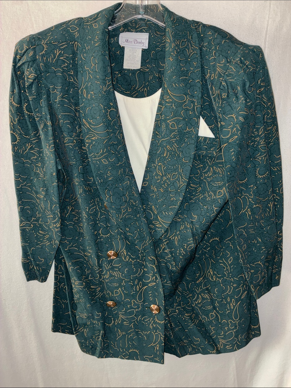 Vintage Green Floral Jacquard Double-Breasted Blazer with Matching Skirt
